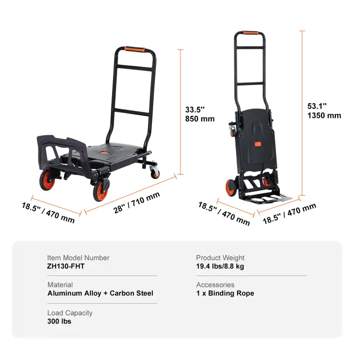 SucceBuy Camión de mano de aluminio, carrito utilitario plegable de alta resistencia, plataforma rodante industrial con ruedas de goma - 1