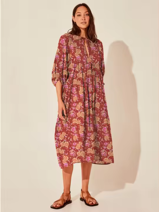 Vestido de vacaciones de algodón de verano de manga media informal suelto para mujer nueva moda floral - 1