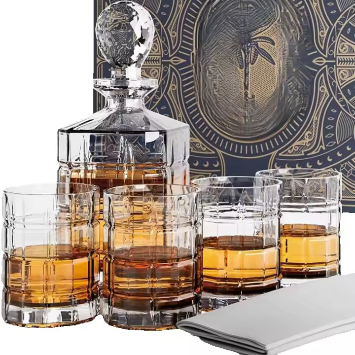 Juegos de decantadores de whisky |   4 vasos cuadrados grabados |   juego de decantador de cristal bourbon y whisky escocés |   Viene en caja de regalo y con paño para pulir vidrio. - 1