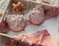 Exquisito conjunto de lencería de encaje transparente ultrafino rosa loto con bordado para mujer - details 14