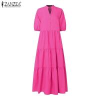 ZANZEA-Vestidos informales de manga corta abombada para vacaciones, Vestidos escalonados, batas elegantes de Color sólido con cuello en V, vestido Maxi de verano 2025 - details 5