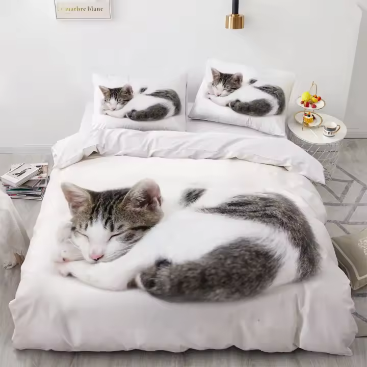 Juego de Ropa de Cama 3D Rojo Funda de Edredón de Poliéster Diseño de Gato para Niños y Niñas - 1