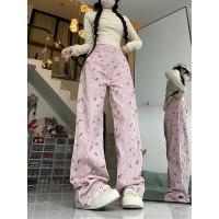 Pantalones vaqueros rosas Vintage de cintura alta para mujer, ropa de calle elegante a la moda americana, pantalones vaqueros de pierna ancha, pantalones femeninos con estampado, pantalones vaqueros holgados - details 4