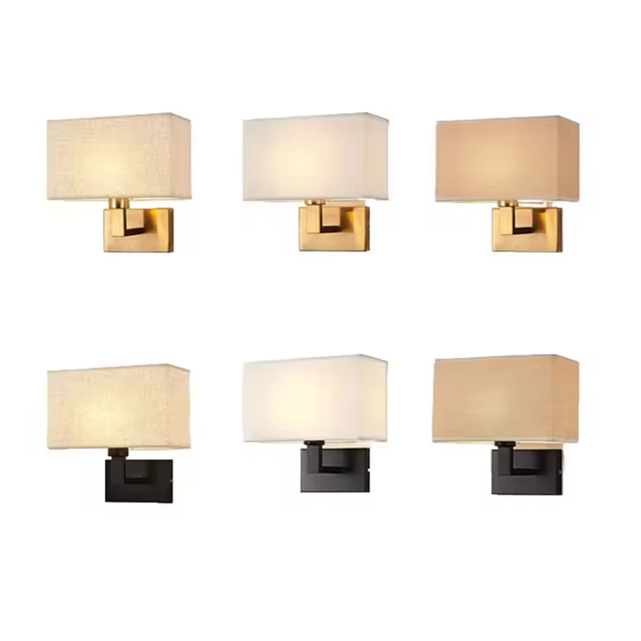 Candelabros de pared minimalistas, luces de pared con interruptor, color negro o bronce, rectángulo, blanco, amarillo, sombra de tela para dormitorio, pasillo, USB - 1