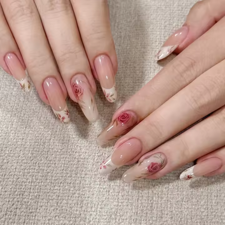 24 piezas/set Uñas postizas largas medianas cuadradas de ballet con flores y mariposa azul verde para la temporada de primavera y verano - 1