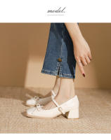 Zapatos individuales de tacón grueso cosidos con lazo de nuevo estilo, zapatos de mujer de tacón medio. - details 8