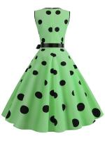 Women summer polka dot vintage  v neck lleeveless party dress elegant belt - details 2