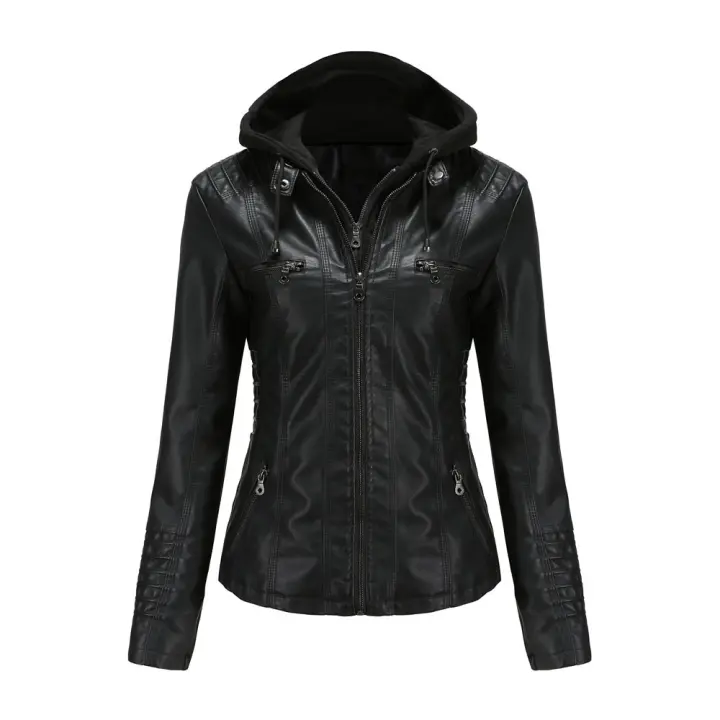 Chaqueta de piel sintética con capucha extraíble para mujer, abrigo de motociclista - 1