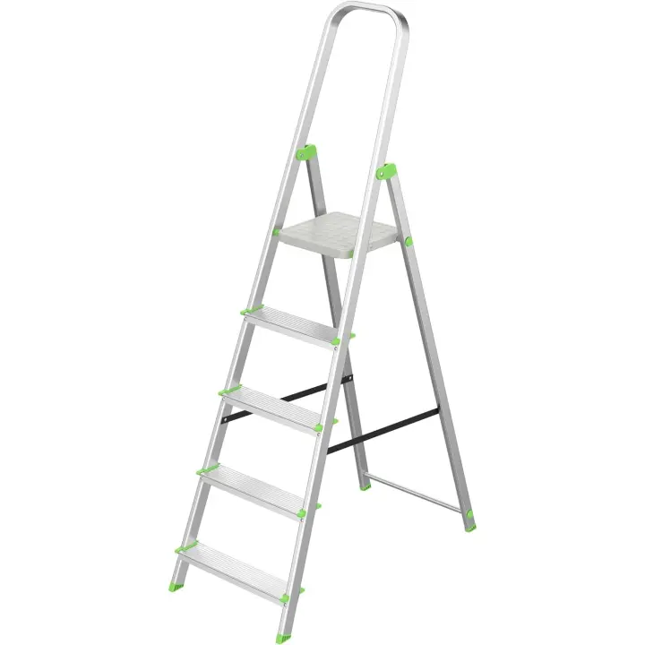 Escalera de Tijera Plegable, Marca Española. Escalera de aluminio, 5 peldaños, con gancho de pared, multiusos, antideslizante, ligera y resistente, escalera doméstica, fácil transporte - 1