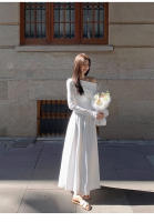 Nuevo vestido blanco de manga alta con un hombro para mujer en otoño, con cintura ceñida y falda larga - details 0