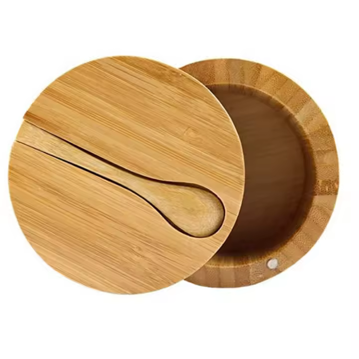 Caja de condimentos de bambú con cuchara, cubierta giratoria, olla de condimentos de bambú, succión magnética, caja de sal de celda única - 1