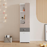 Librería alta, estantería juvenil con puerta en forma de L, con cajón, armarios, puertas batientes, con pomos cuadrados de metal, MDF, blanco + olmo claro + gris - details 1