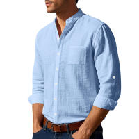 Camisa de lino de primavera y otoño, manga larga, cuello alto, transpirable, pegatina informal, camisa de bolsillo, hombres - details 9
