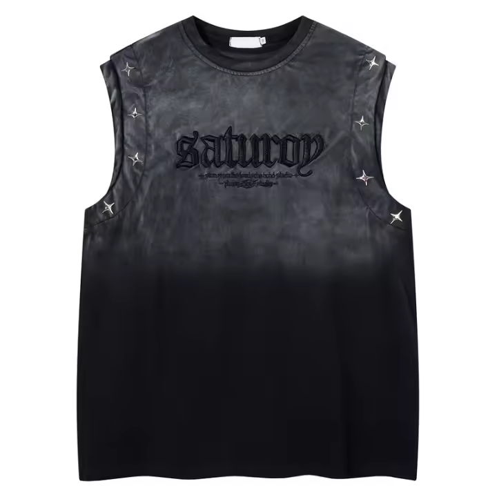 Lavado industrial pesado letras bordadas hombres y mujeres parejas de verano suelto casual personalidad chaleco de hombro - 1