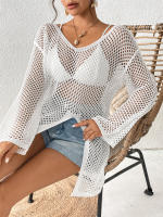Vestido playero de manga larga para mujer, cárdigan de punto transparente con ribete de encaje, ropa de malla para resort, pareo de baño para vacaciones de verano - details 13