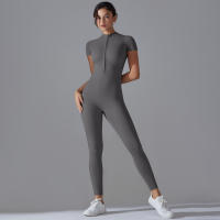 Hamidou-body de Yoga para mujer, ropa moldeadora deportiva de manga corta con cremallera, traje de gimnasio de una pieza, mono de nailon de Color sólido - details 16