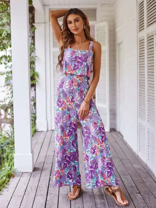 Mono largo para mujer, monos de pierna ancha con espalda descubierta, monos informales sin mangas, ropa de verano para mujer 2025 - 1