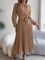Vestido plisado elegante con cuello levantado y manga larga y cintura cerrada para mujer, vestido largo de Otoño Invierno - details 21