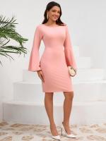 Elegante y bonito vestido Midi de manga larga para mujer, de Color sólido vestido ajustado, falda de cuello redondo que cubre la cadera - details 6