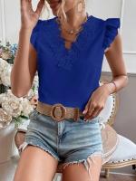 Camiseta elegante a la moda para mujer, camisa informal tejida con encaje plisado de retales de manga corta con cuello en V pequeño para mujer - details 10