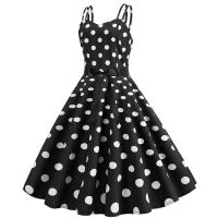 Vestido midi retro de fiesta con estampado de lunares, tirantes finos y cinturón para mujer - details 3