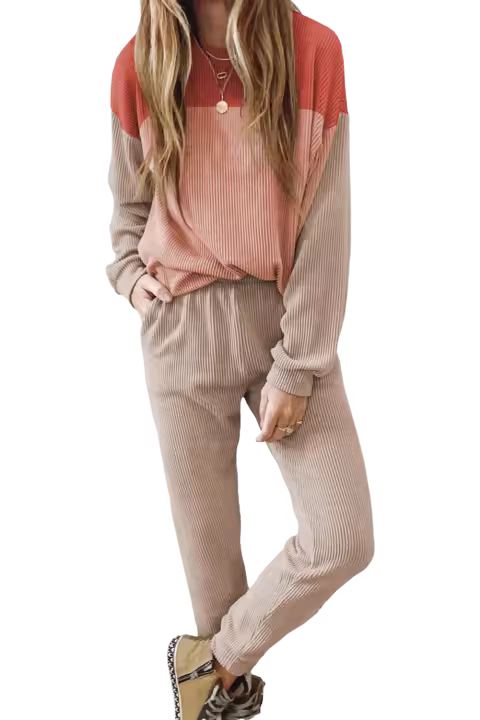 Elrachen Conjunto de 2 piezas de jersey y pantalones con bloques de colores con cordón para mujer, rojo fuego, tallas S-2XL - 1