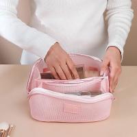 Bolsa de maquillaje de mano de malla portátil informal, bolsa de aseo de almacenamiento con cremallera ligera, estuches de cosméticos cuadrados de gran capacidad para exteriores - details 15