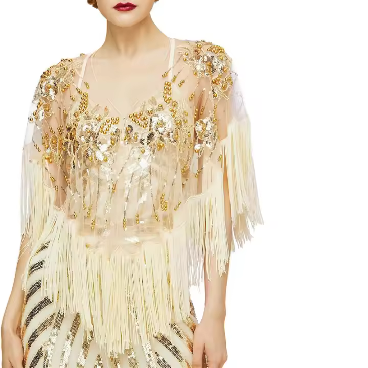 Estola 1920S Mantón de mujer con borlas doradas y lentejuelas en forma de V para fiestas nocturnas - 1