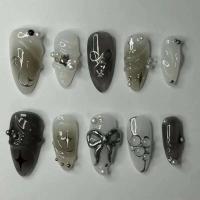 Juego de uñas de almendra Y2K, color negro fresco, con pegamento, lazo plateado, 24 UDS - details 0