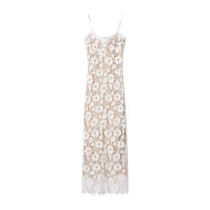 TRAFZA 2025 Vestido midi con tirantes sexy para fiesta de primavera para mujer, sin mangas, ajustado, con abertura en la espalda, diseño de correa hueca de encaje, vestido vintage - 1
