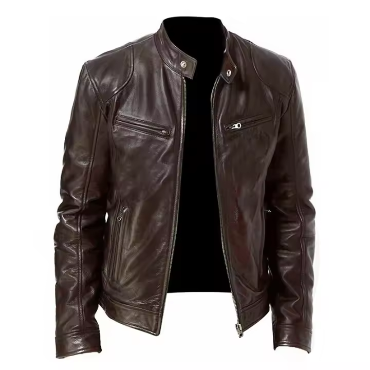 Chaqueta de cuero para hombre, chaqueta informal de moda para motocicleta, chaqueta de PU con cuello ajustado, chaqueta de cuero a prueba de viento para otoño e invierno, estilo para hombre - 1