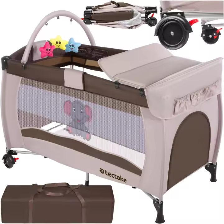 Cuna Infantil de Viaje portátil Altura Ajustable con Acolchado para bebé y Bolsa de Transporte, 132 x 75 x 104 cm (Marrón Café) - 1