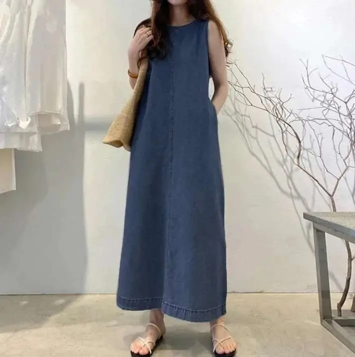 Nuevo vestido de jersey de estilo bohemio con bolsillos, corte holgado, largo, sin mangas, con cuello redondo, a la moda - 1