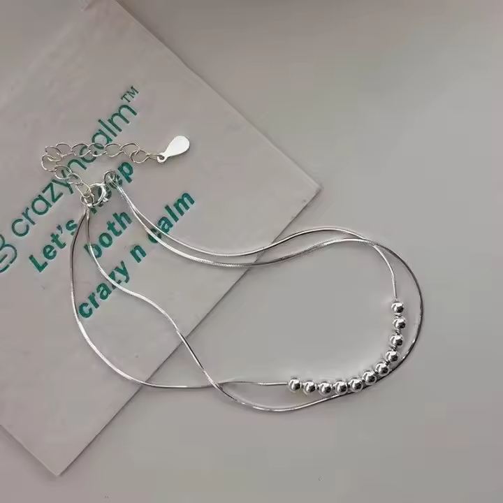 S999 Cadena de hueso de serpiente de doble capa pura, cuentas de plata, pulsera Bestie de estilo fresco y ligero con ondas de alta gama para mujer - 1