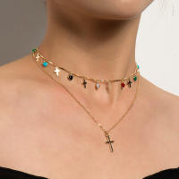 Colgante de cruz Simple a la moda para mujer, collar con borlas de gemas coloridas de amor esmaltado - details 0