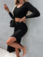 Conjunto de Vestido de Punto de Color Sólido Otoño/Invierno 2025 con Vestido Largo de Manga con Abertura y Conjunto de Dos Piezas de Camiseta. - details 2