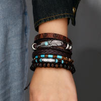 Conjunto de 6 pulseras boho madera cuentas vintage cabeza de toro ojos plumas multicapa artesanales regalos para hombre - details 21