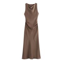 Vestido largo plisado sin mangas para mujer, prenda de seda con textura satinada, cuello redondo, elegante y a la moda - details 2