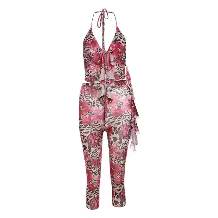 BUNO-Conjunto de 2 piezas con estampado de flores de gato extraño para mujer, Tops cortos con cuello Halter y volantes y espalda descubierta + trajes Hipster ajustados Panst Hottie - 1