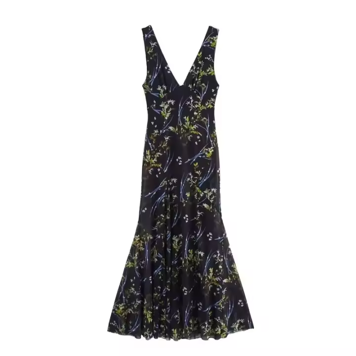 BUNO-2025 nuevo vestido largo estampado para mujer, vestido sin mangas con cuello en V estampado de estilo elegante a la moda para mujer, vacaciones de verano - 1