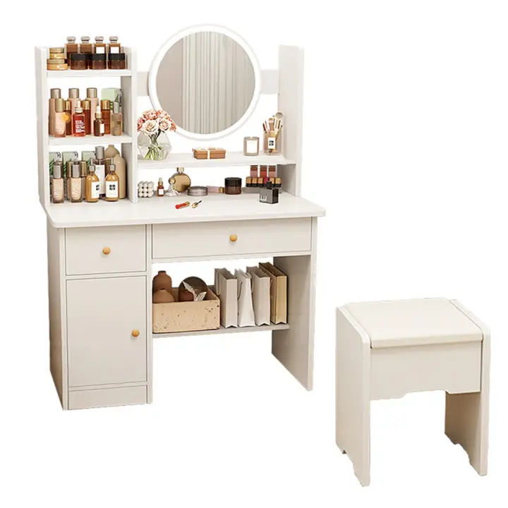 Tocador con espejo y taburete, mesa de maquillaje con 2 cajones, 1 estante de almacenamiento - 1