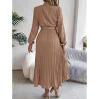 Elegante vestido corto de otoño invierno para mujer, con cuello alto, mangas plisadas y falda larga. - details 18