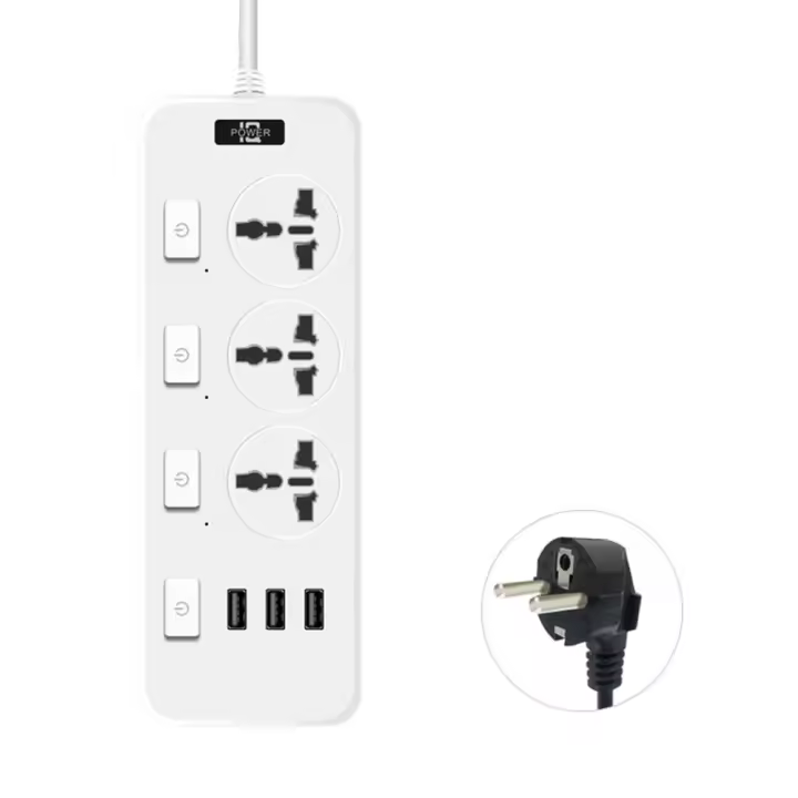 Enchufe eléctrico Universal, enchufe estadounidense, Reino Unido, UE, 3 puertos USB, regletas de alimentación, protección contra sobrecarga, cable extensor de salida plana de 2500W para habitación - 1