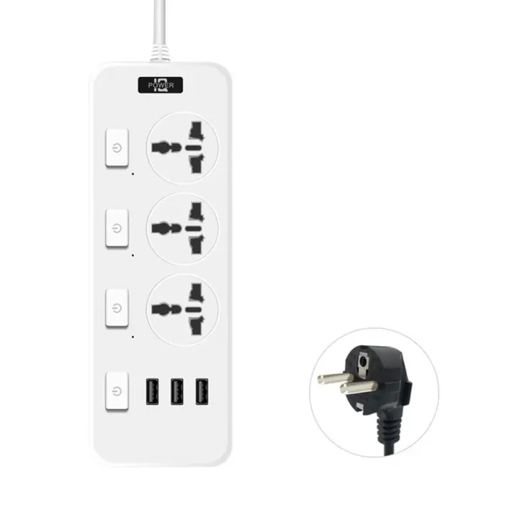 Enchufe eléctrico Universal, enchufe estadounidense, Reino Unido, UE, 3 puertos USB, regletas de alimentación, protección contra sobrecarga, cable extensor de salida plana de 2500W para habitación - 1