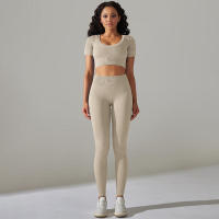 Conjunto de Yoga sin Costuras Leggings de Cintura Alta Top de Manga Corta Top Corto - details 3