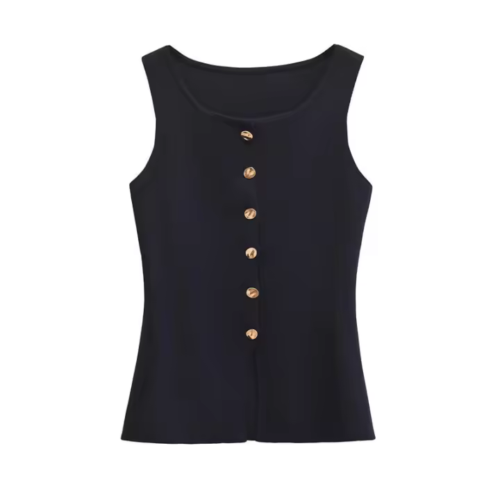 - Blusa de punto sin mangas con cuello redondo para mujer a la moda con una hilera de botones, chaleco básico para mujer, camisas, blusas, - 1