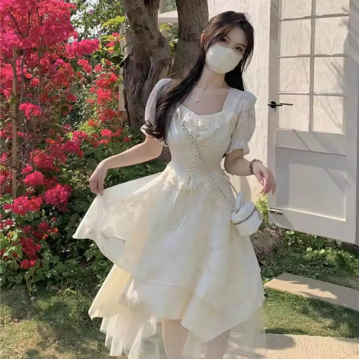 Vestido de manga corta con cuello cuadrado estilo socialité francés para mujer en verano de 2025, con cintura delgada y un sentido de princesa - 1