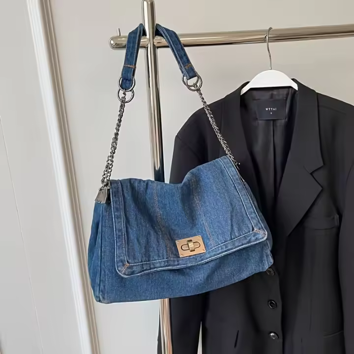 Bolso de mano vintage azul lavado con correas de cadena expuestas - Bolso de hombro ligero, de gran capacidad y ajustable para mujer - 1