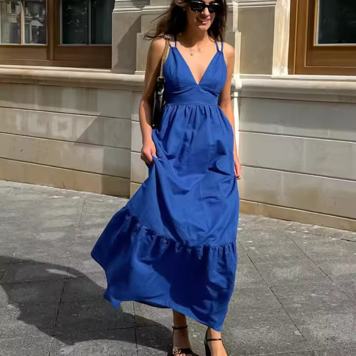 Primavera Verano Nuevo cuello en V sin espalda Diseño de correa Estilo Sense Casual A-line Vestido largo para mujer - 1