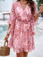 Vestido de primavera y verano para mujer, Media manga, estampado de flores, elegante cuello en V, informal, línea A, hasta la rodilla, cintura alta - details 2